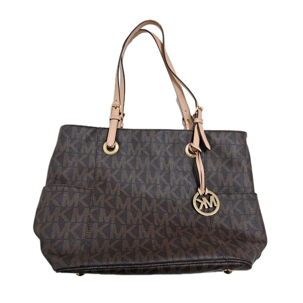 Michael Kors Jet Set Logo Signature Coated Canvas Brown Gold Tote Bag Purse
